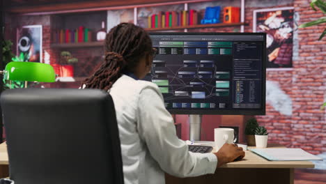 woman working with ai machine learning software on pc