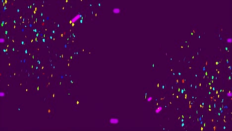 Animation-of-pink-circular-scanner-moving-over-colourful-confetti-falling-on-dark-background