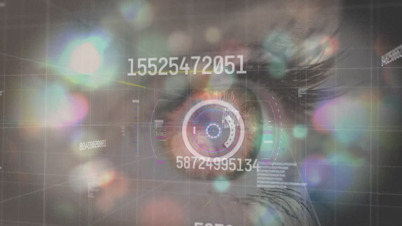 Animation of scope scanning, numbers changing and data processing over woman's eye