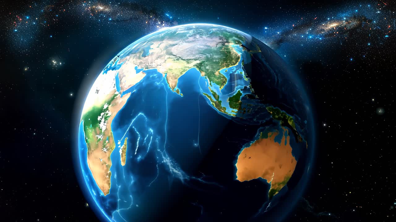 A close up of the Earth with the continents of Asia and Europe visible. The sky is dark and the stars are visible