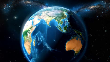 a close up of the earth with the continents of asia and europe visible. the sky is dark and the stars are visible