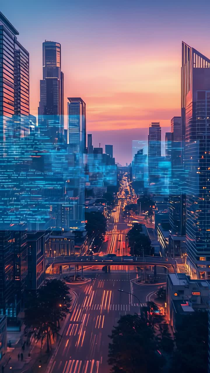 Vertical video: Displaying skyline above highway, glowing with vehicle light trails and data layers