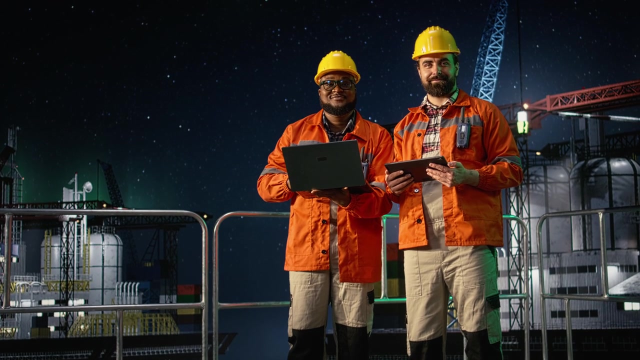 Portrait of smiling offshore platform coworkers monitor fuel shortages