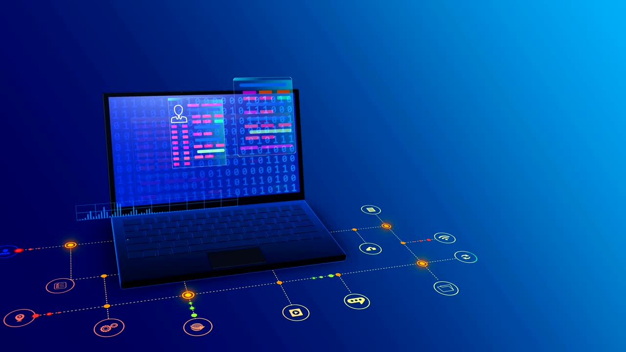 laptop con molti elettrodomestici, lavoro, social media, rete, tecnologia moderna, vita d'affari