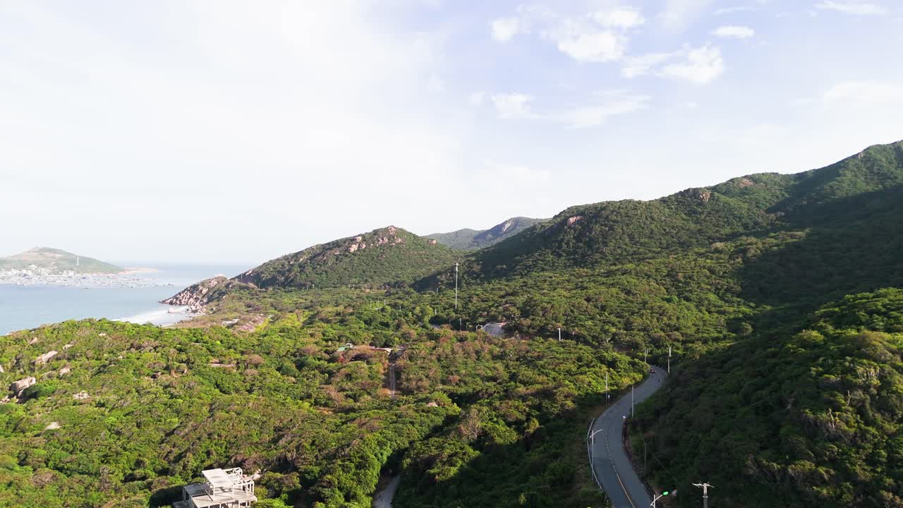 Aerial View Pan of the Mountains and the Sea in Ninh HảI District.
