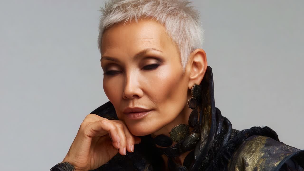 Ritratto etereo di una donna sicura di sé con capelli bianchi corti che posa in modo accattivante con un completo alla moda su uno sfondo neutro e delicato