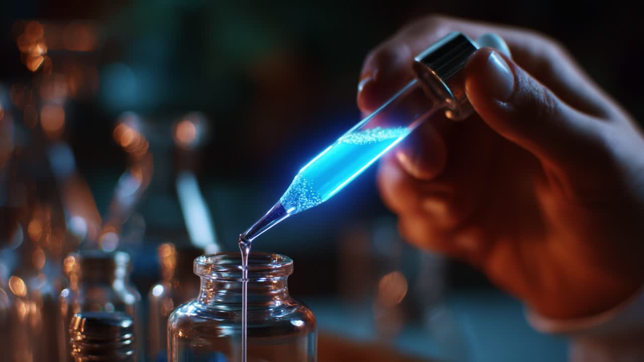 A Close-Up View of a Scientist's Hand Holding a Glowing Pipette as It Drips Radiant Blue Liquid into a Glass Bottle, Illustrating the Fascinating World of Chemistry and Experimentation