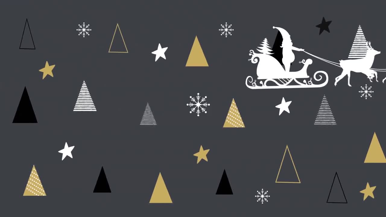 animación de árboles de navidad y santa en trineo con renos en fondo negro