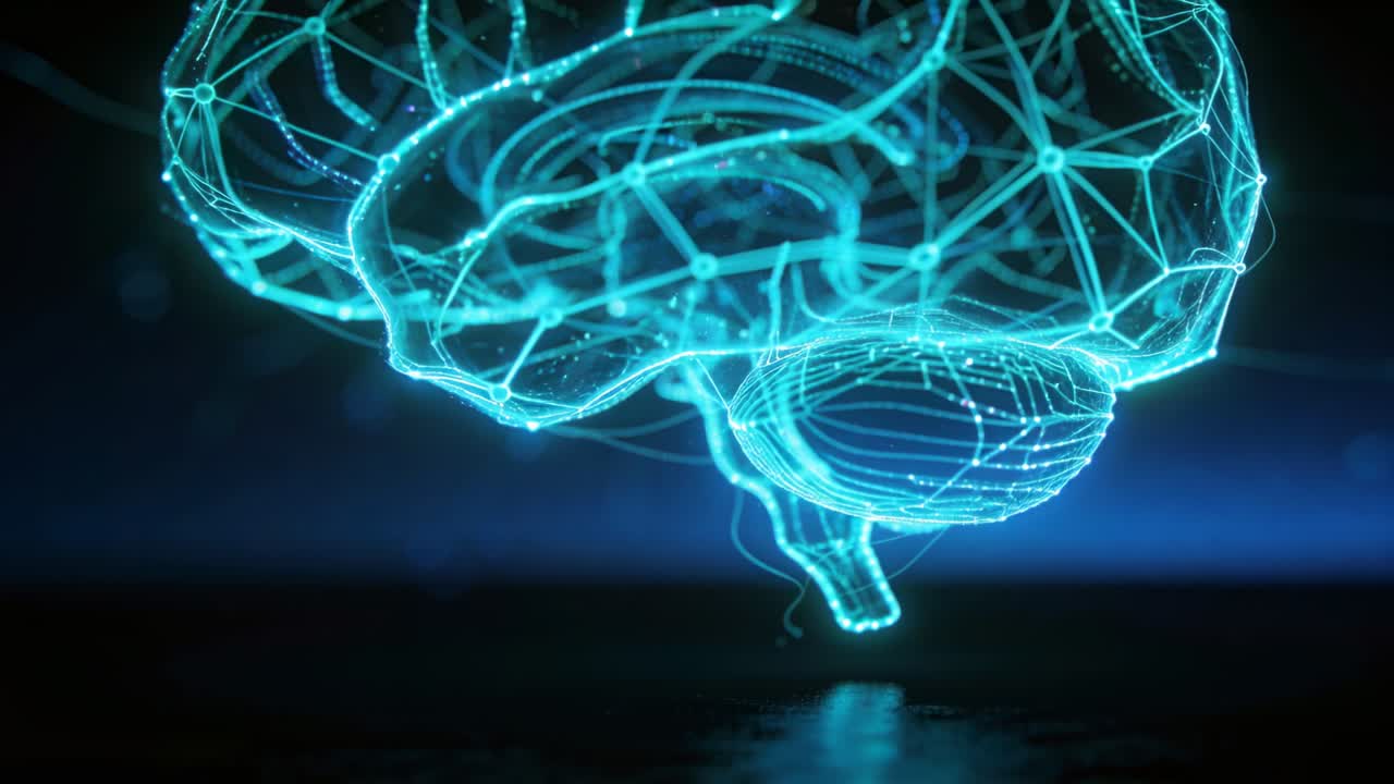Pulsing holographic brain glowing above dark glossy surface in studio, emitting lower-stem sparks
