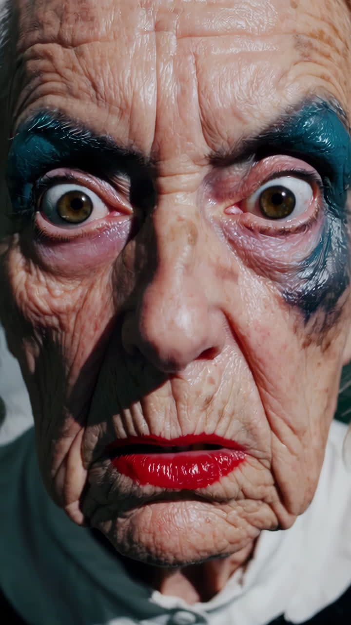 retrato en primer plano de una anciana con maquillaje dramático
