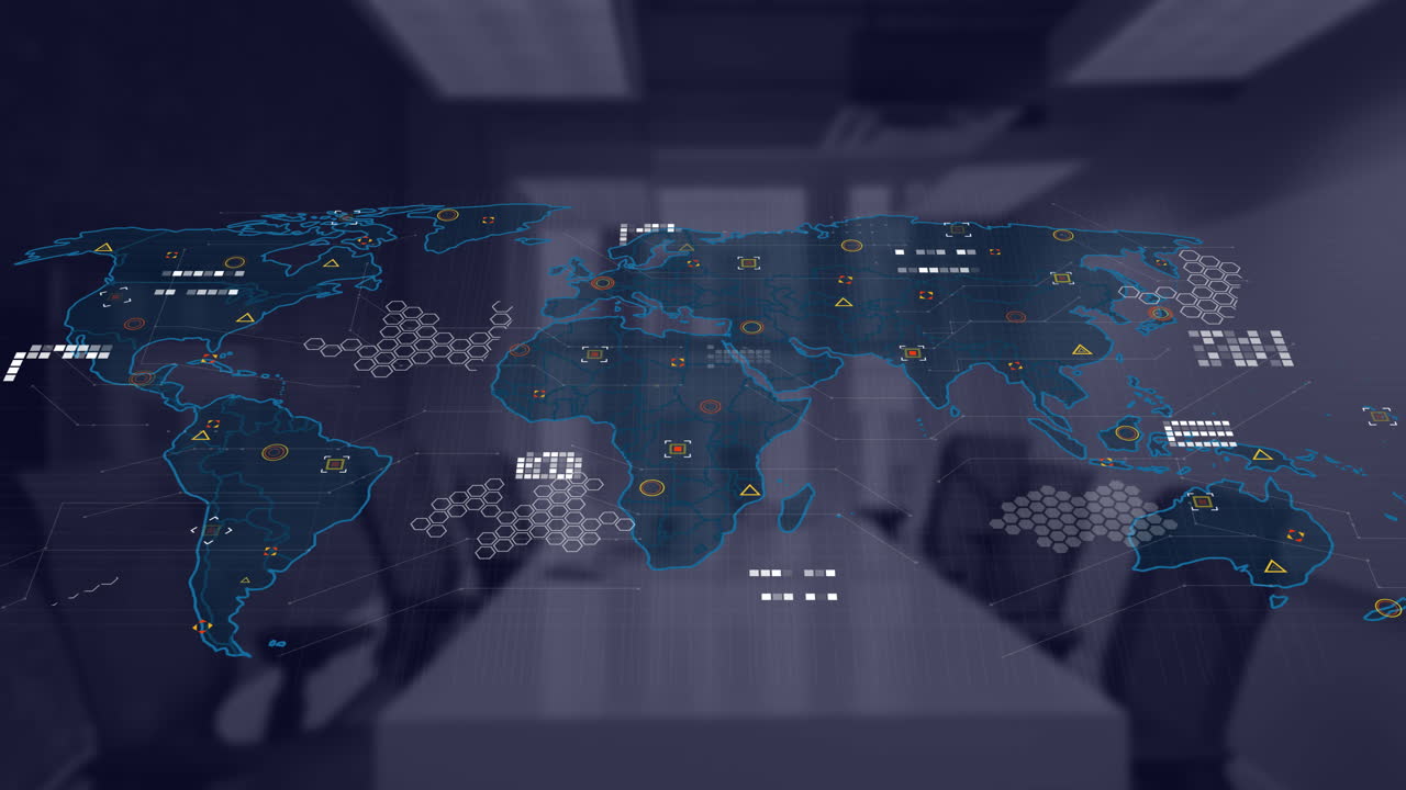 Animation of financial data processing and world map over desk in office