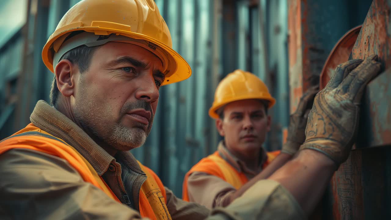 Two hard hat workers examining steel panel seam in port yard, checking for misalignment