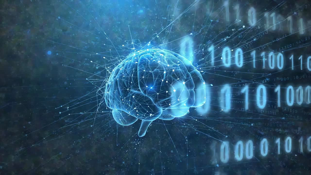 Glowing wireframe brain rotating in digital space, chasing binary streams and pulsing network lines