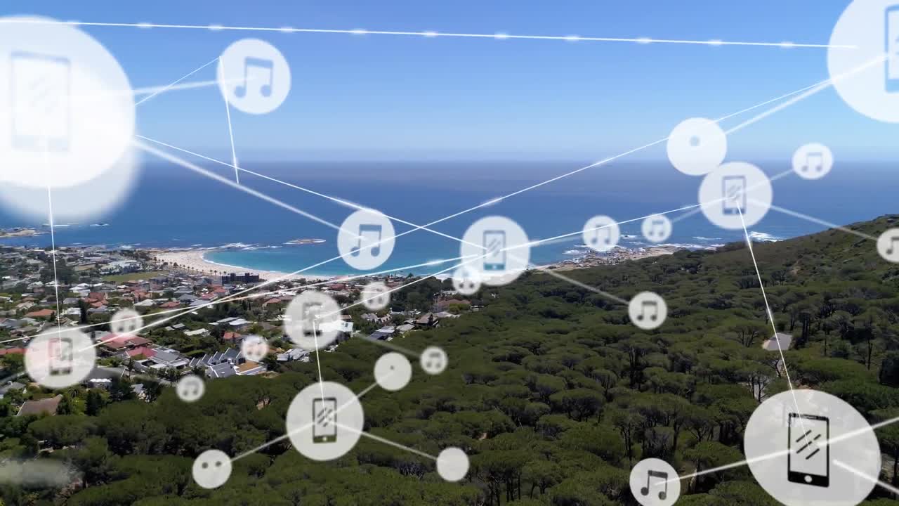 animación de la red de conexiones con iconos sobre el paisaje urbano