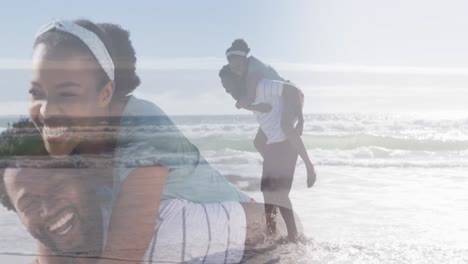 Animation-of-happy-african-american-couple-having-fun-on-beach