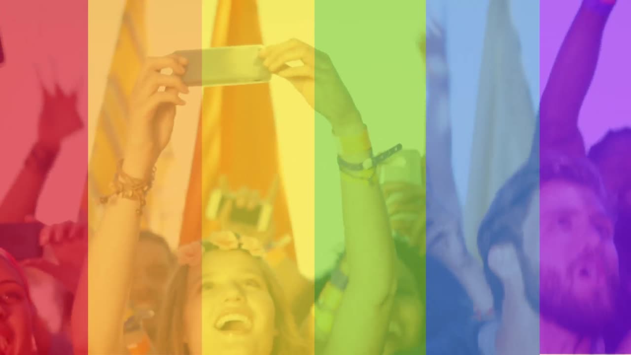 animación del arco iris sobre un grupo de personas felices