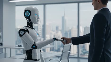 a futuristic encounter: a human and robot engaging in a handshake in a modern office setting, symbolizing progress and collaboration in technology