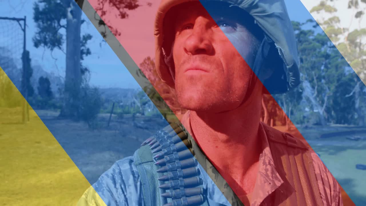 animación de la bandera de ucrania y rusia sobre el soldado caucásico con arma