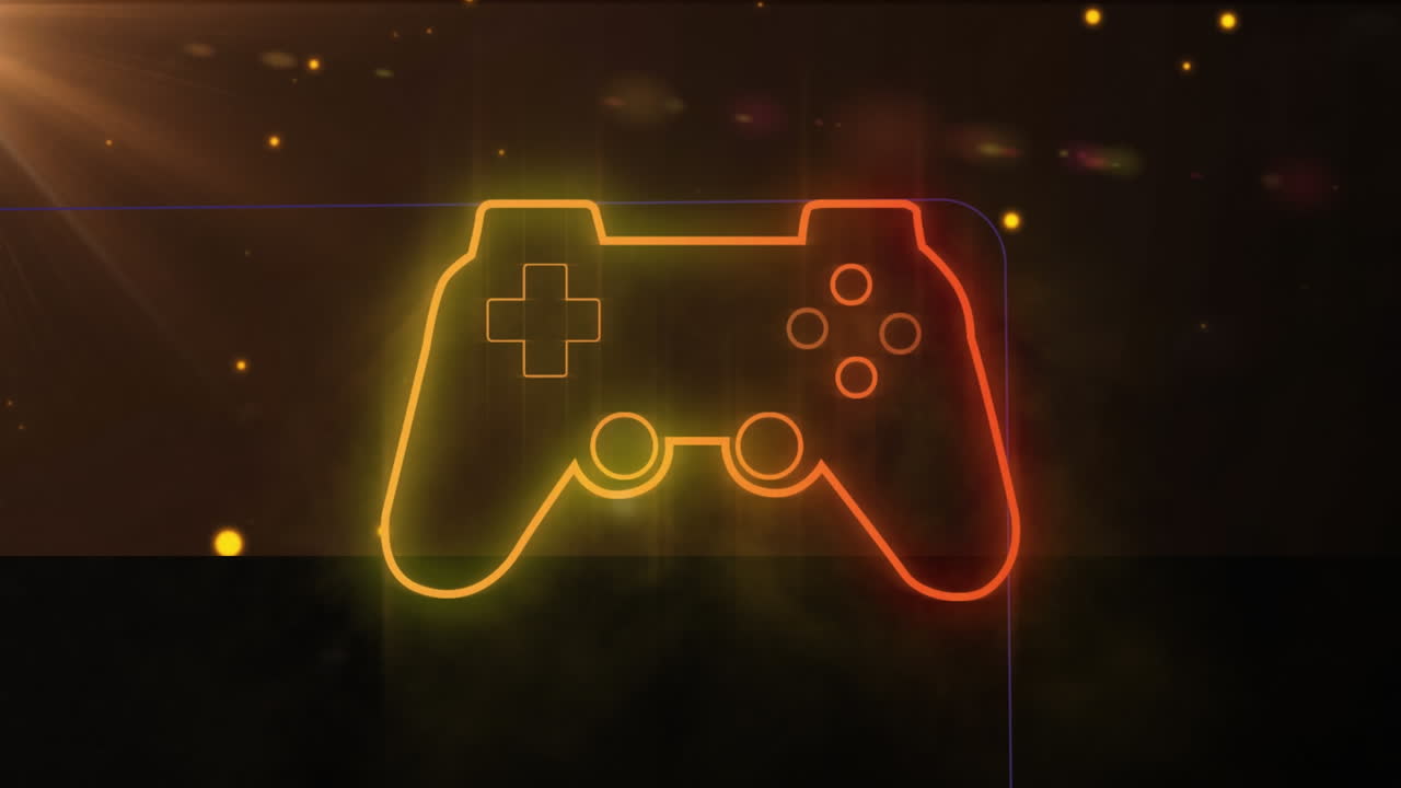 animazione di una console di videogiochi al neon incandescente e punti di luce che cadono su uno sfondo nero
