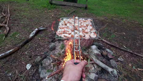 25-fps-Pov-Eines-Mannes,-Der-Beim-Camping-Garnelen-Auf-Einem-Feuer-Grillt