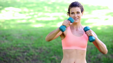 Mujer-En-Forma-Golpeando-Con-Pesas-En-El-Parque