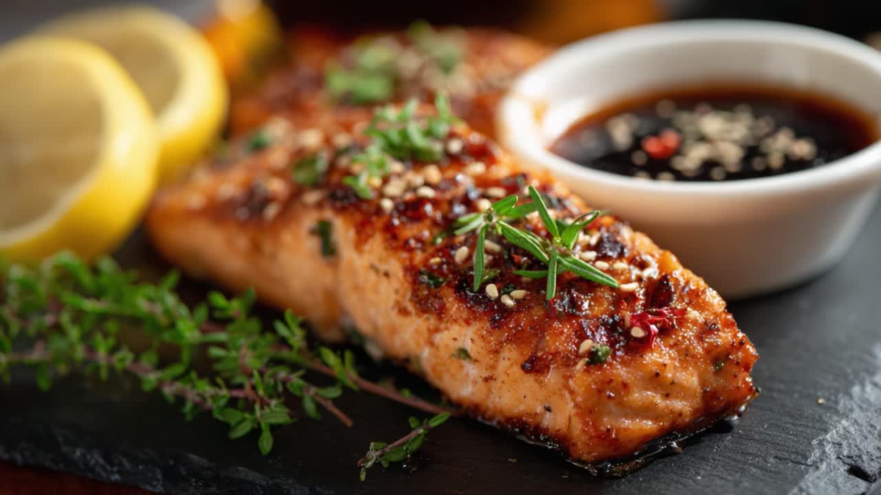 Succulent Grilled Salmon with Fresh Herbs and Lemon Slices Accompanied by a Rich Asian-Inspired Dipping Sauce on a Dark Slate Plate