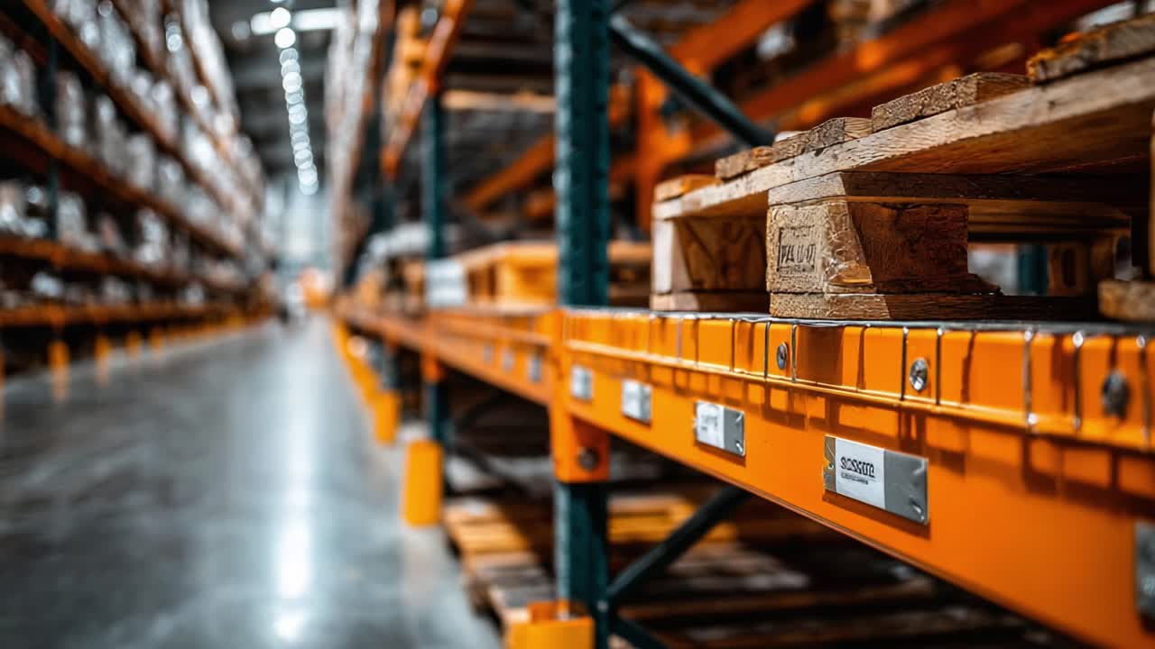 A Detailed Perspective of a Warehouse Aisle Featuring Wooden Pallets on Shelving, Highlighting the Efficient Storage and Organization of Industrial Supplies