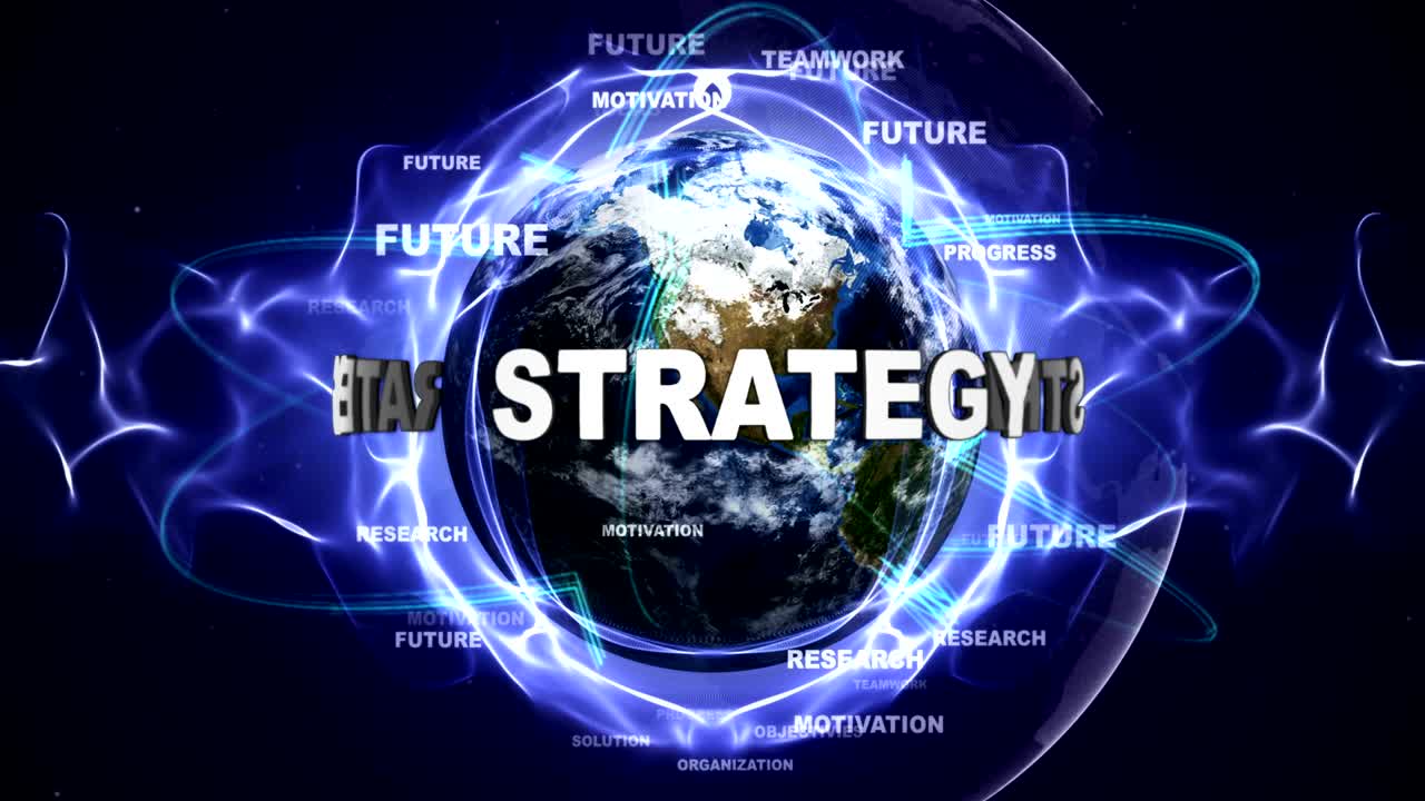 STRATEGIA Animazione testuale e Terra, con parole chiave, in loop