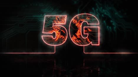 Animation-of-glowing-orange-5g-text-over-blue-processor-socket
