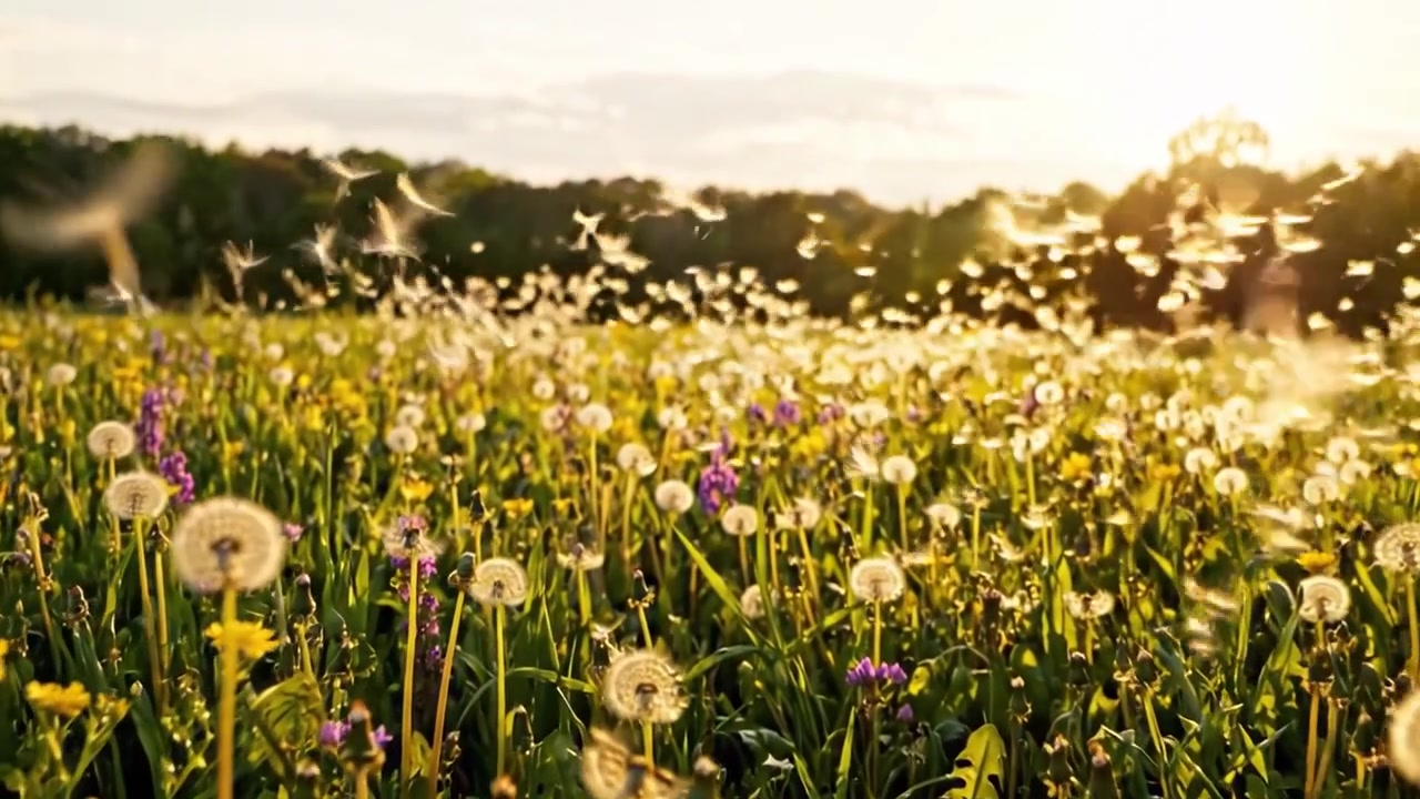 Beautiful Sunset Over a Vibrant Field of Dandelions and Wildflowers, with Seeds Floating in the Warm Breeze, Capturing Nature's Serenity and Splendor