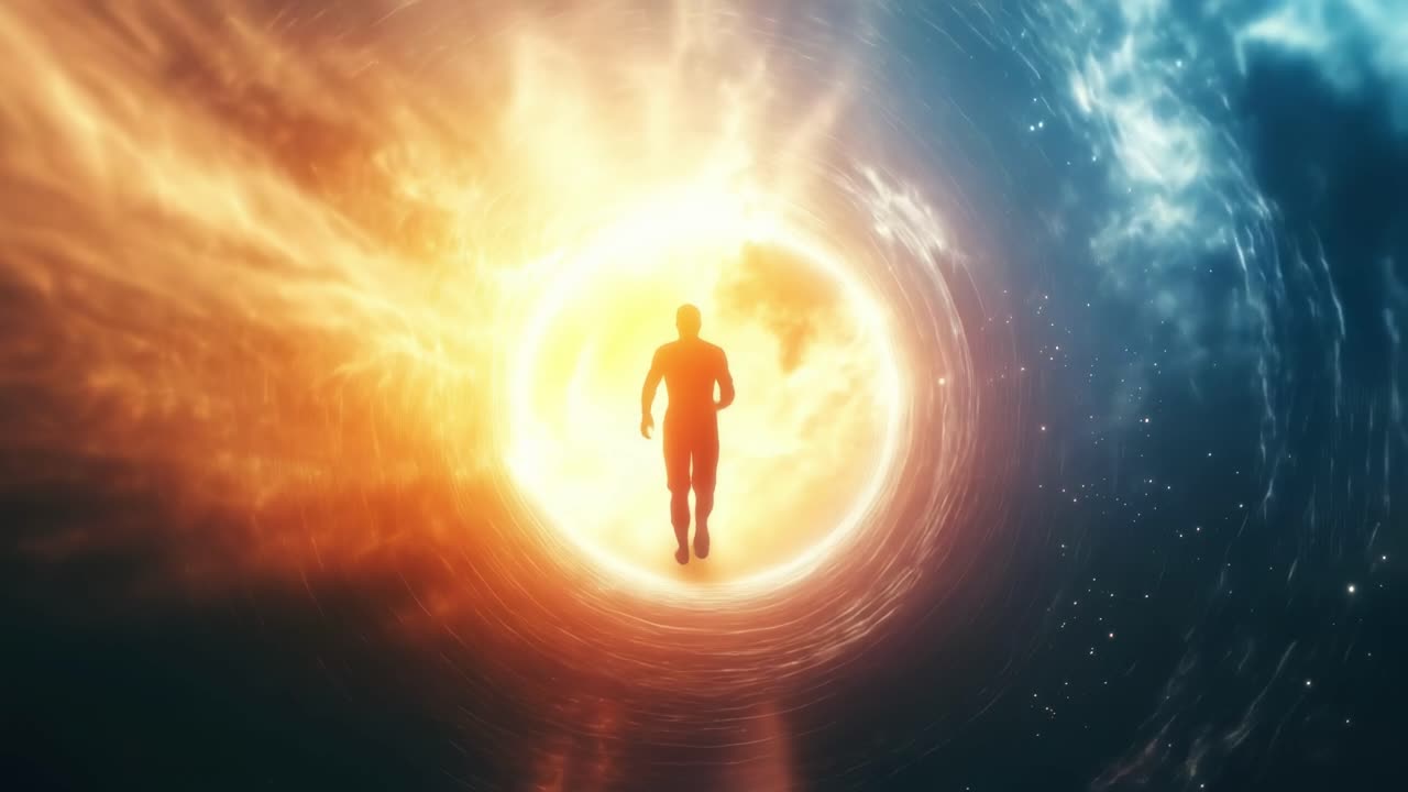 A dynamic video concept showing a silhouette running towards a glowing portal