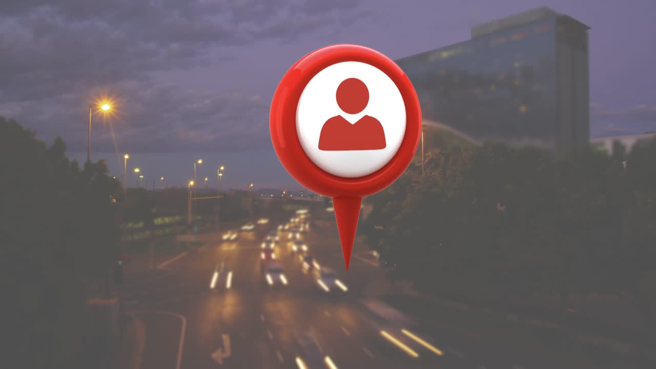 carretera ocupada y un icono de perfil con un alfiler de mapa