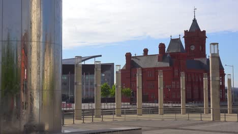 Establishing-shot-of-fountains-and-buildings-in-the-heart-of-downtown-Cardiff-Wales