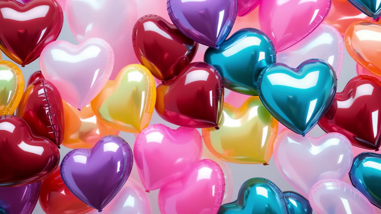Colorful heart shaped balloons floating gracefully against a gray background, creating a vibrant and festive atmosphere perfect for celebrations, romance, and joyful occasions
