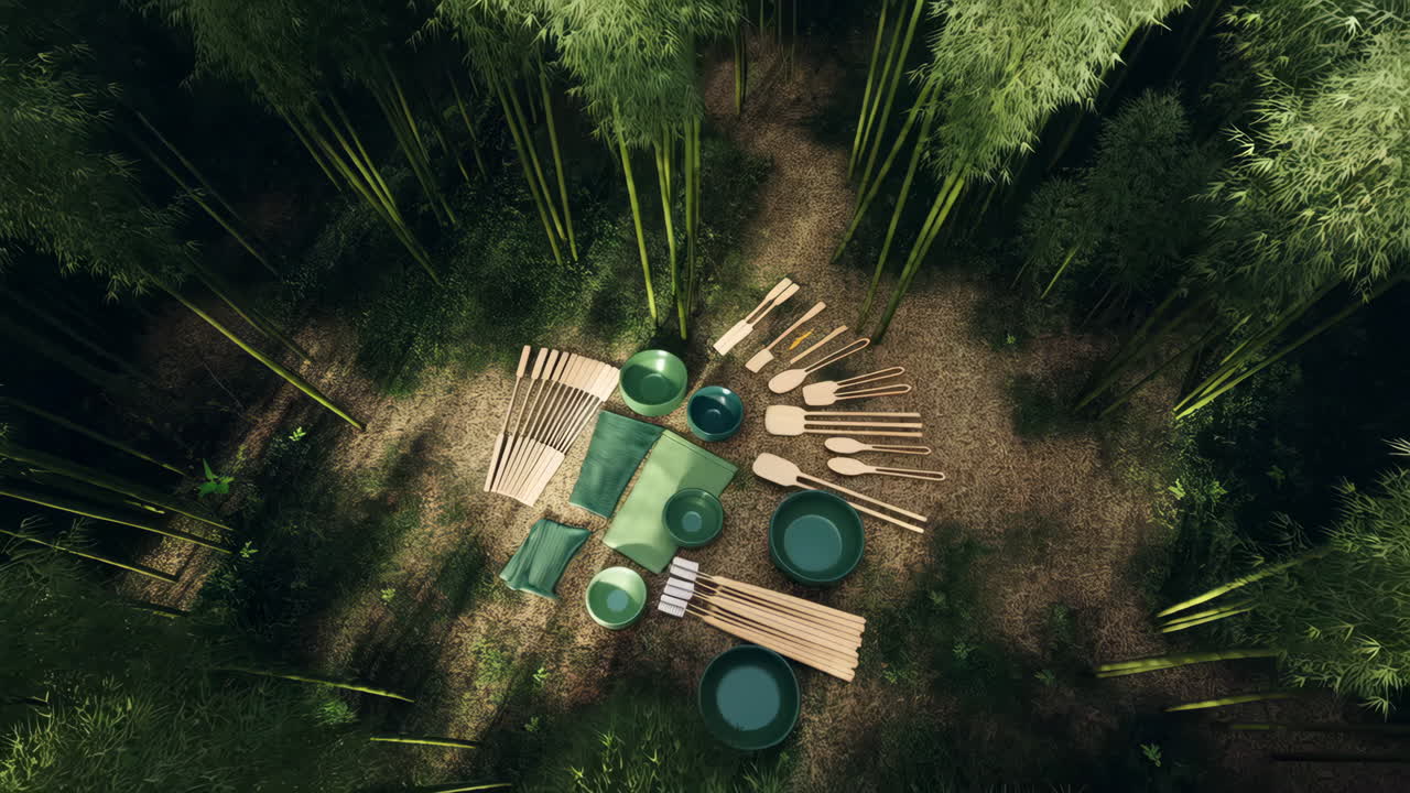 Eco-Friendly Kitchenware and Utensils Arranged in a Bamboo Forest