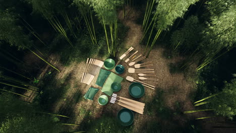 eco-friendly kitchenware and utensils arranged in a bamboo forest