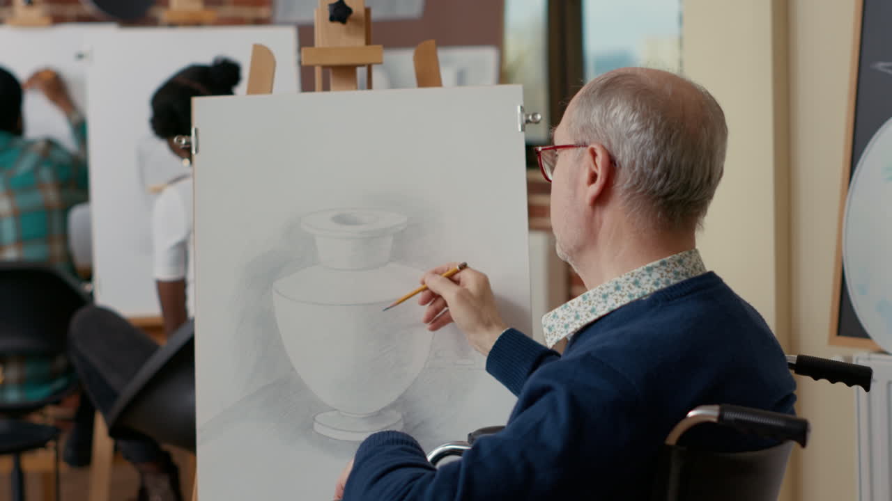 Senior student with disability using pencil to draw vase model