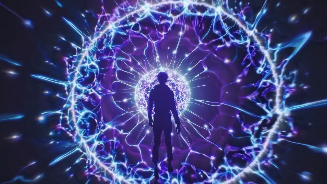 Silhouette che emerge da un portale energetico