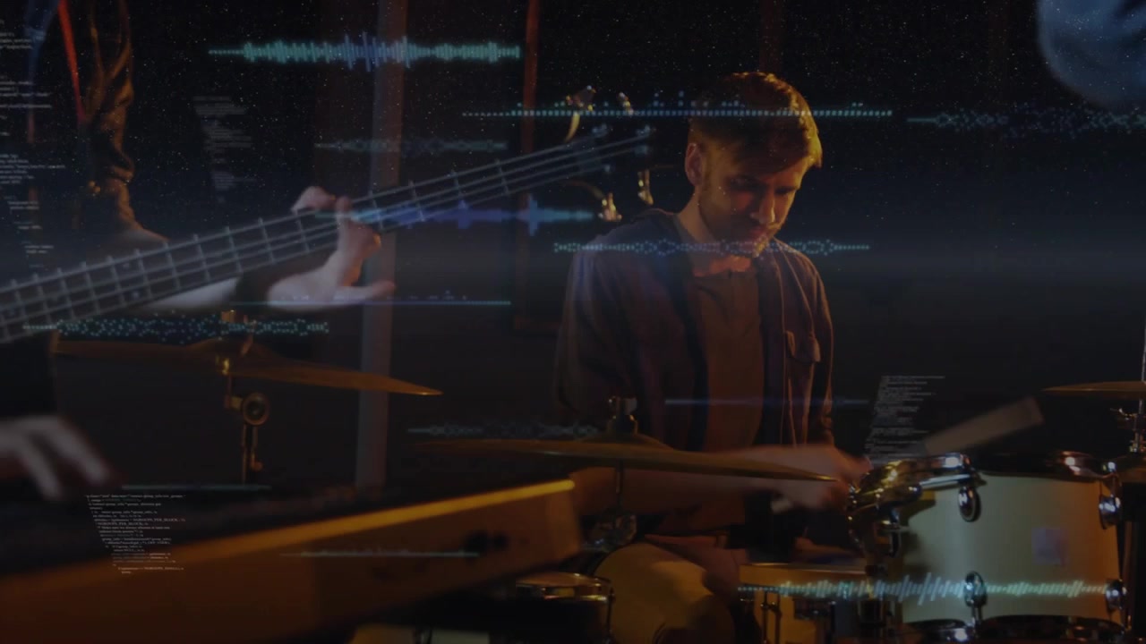 Band playing keys, bass loops, causing drummer locking groove in music, blue waves overlaying hands