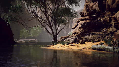 Serene riverbank with trees and rocks in a tranquil natural setting
