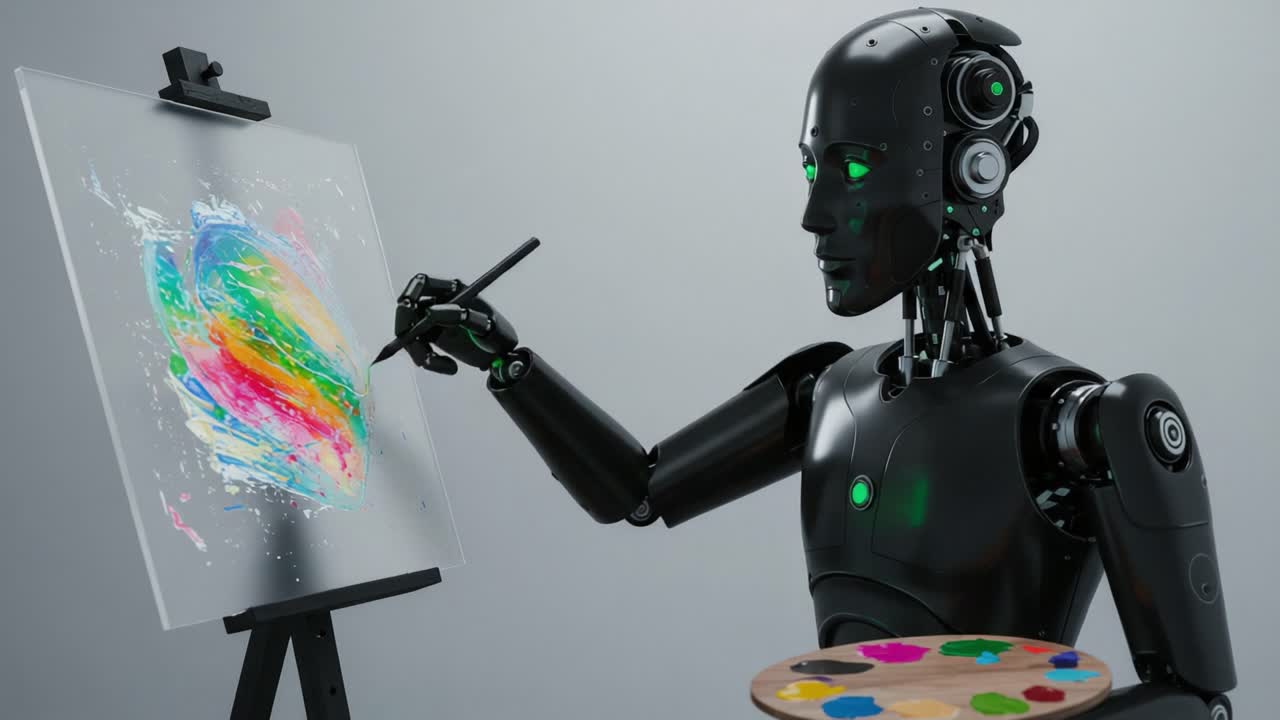 Innovative Robot Artist Creating Colorful Abstract Painting on Canvas with a Palette in Hand, Showcasing the Intersection of Technology and Creativity in Art
