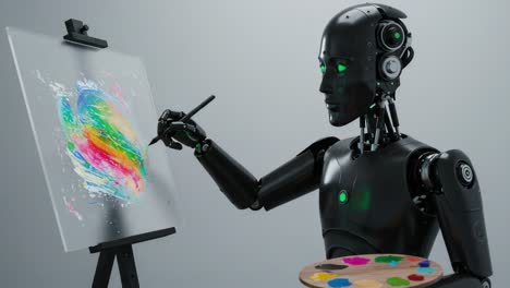 innovative robot artist creating colorful abstract painting on canvas with a palette in hand, showcasing the intersection of technology and creativity in art