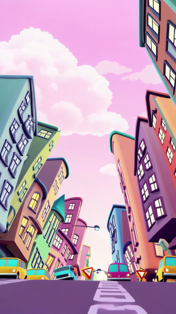 Colorful Cartoon City with Pedestrian Crossing Sign