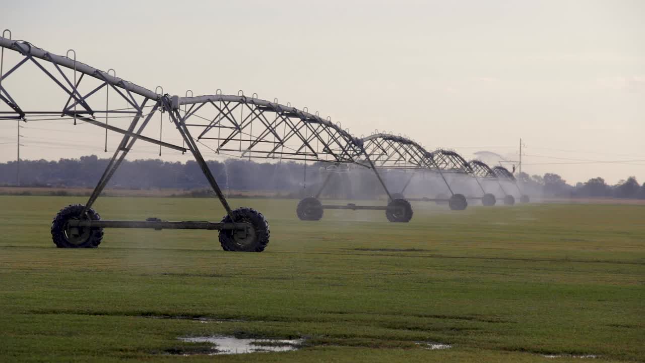 gran equipo agrícola rociador de riego temprano en la mañana amanecer en la granja comercial