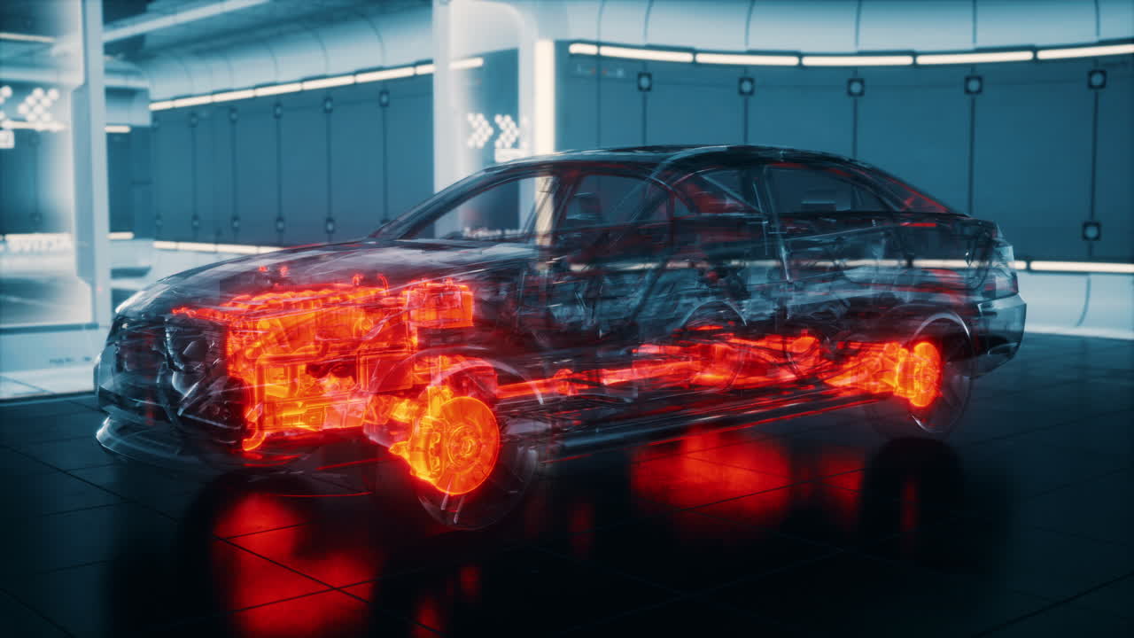 прозрачная машина с двигателем в лаборатории