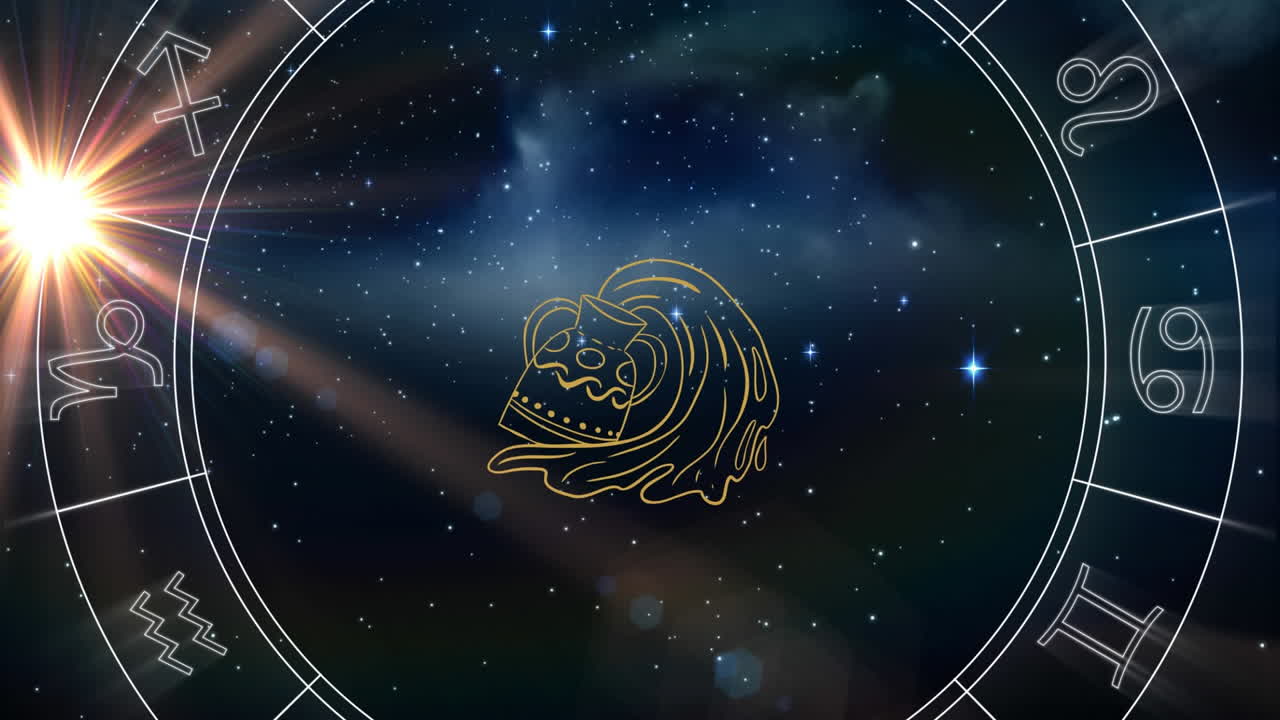 Animation of spinning star sign wheel with aquarius sign and stars