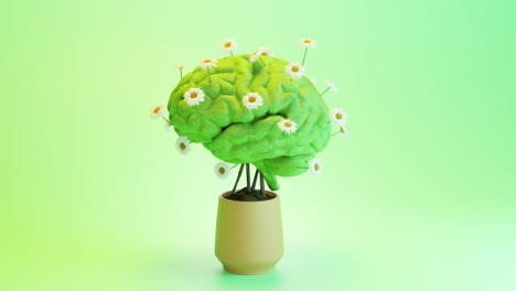 3d animation of green brain blooming flowers in pot plant