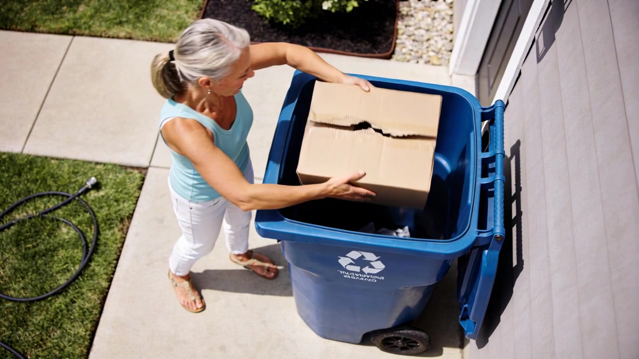 Placing woman lifting cardboard into blue recycling bin on path, wearing light blue top to recycle
