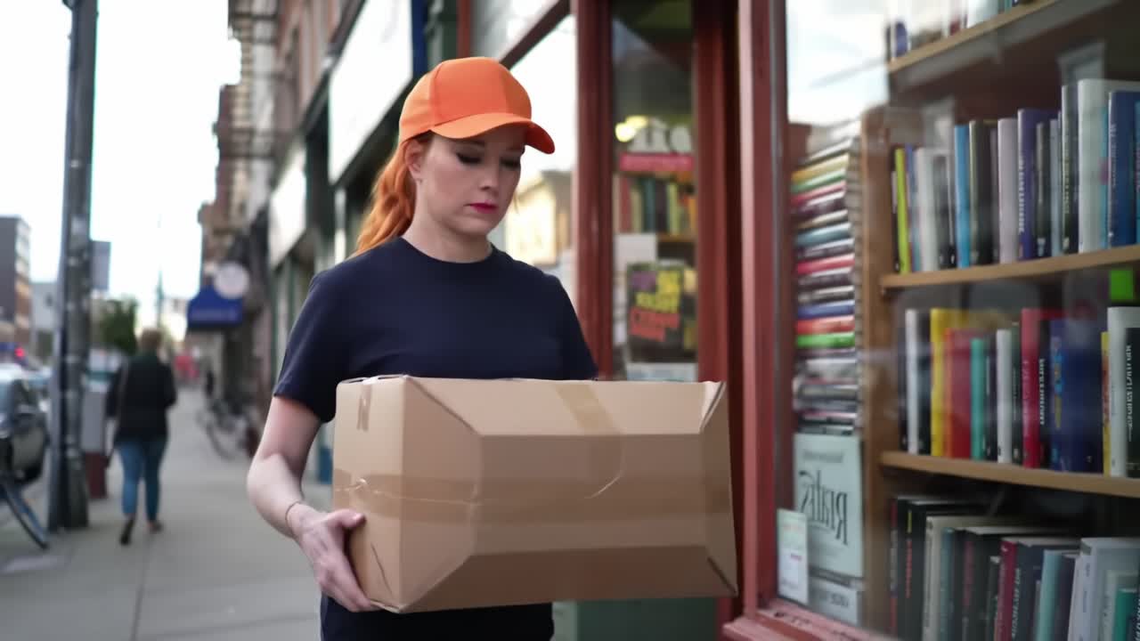 A young woman wearing an orange cap pauses outside a bookstore while holding a large cardboard box, suggesting a delivery or an interest in reading