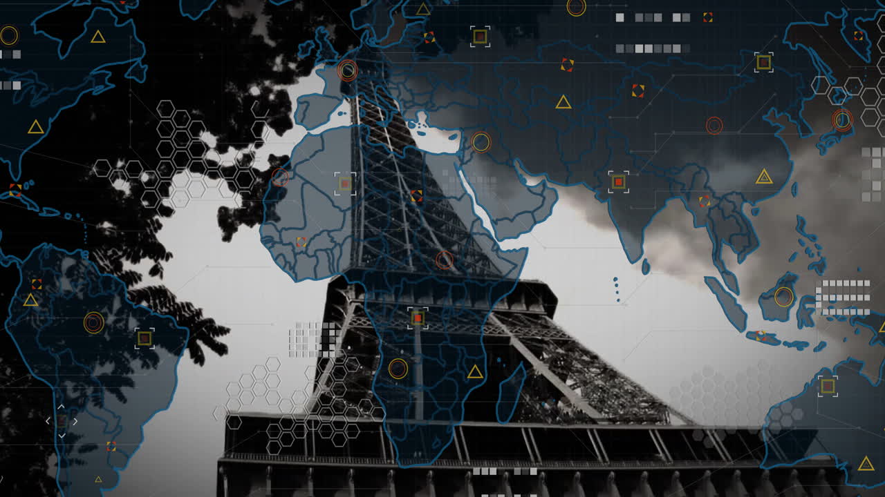 Eiffel Tower with digital world map and data processing animation overlay